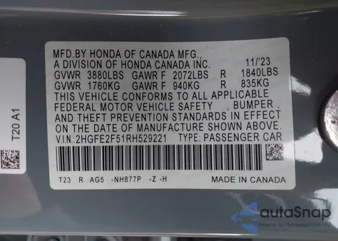 2024 Honda Civic Sport из США, поврежденный, VIN 2HGFE2F51RH529221